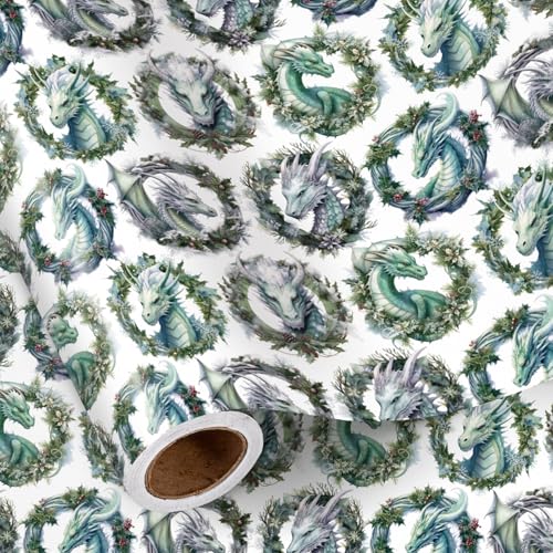 RUSPEPA Christmas Dragon Wrapping Paper Roll, Mini Roll, Fantasy Dragon with Winter Wreath Design, Magical Holiday Gift Wrap for Boys, Teens, Friends, Fantasy Fans, Xmas Gifts, 17 Inches x 16.4 Feet