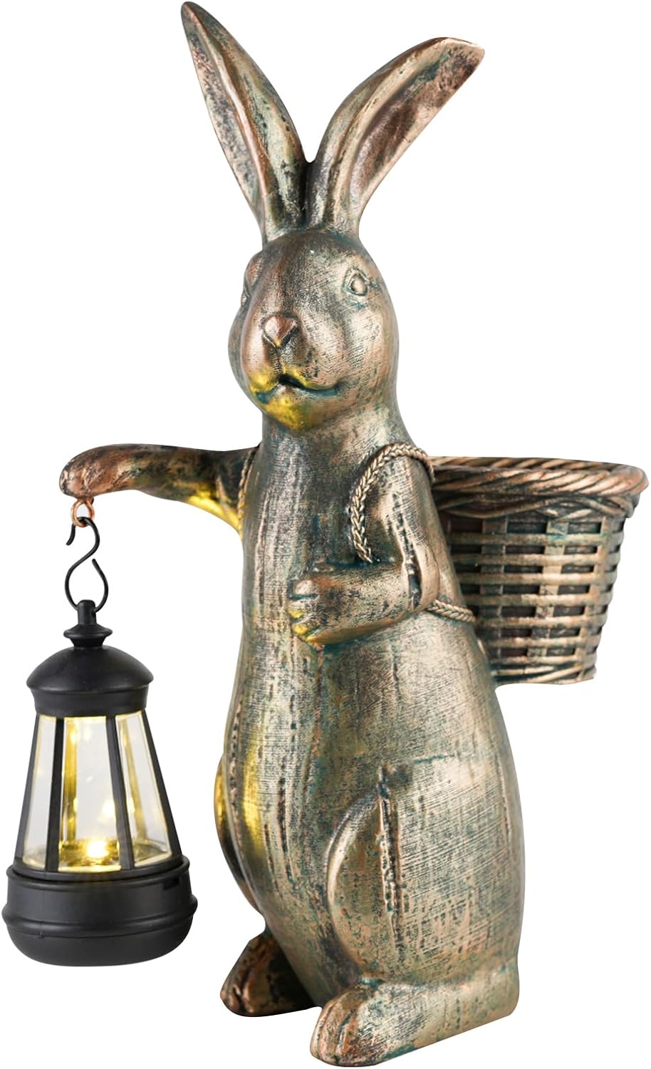9.84" Resin Bunny Statue with Lantern & Flower Basket, Rustic Rabbit Garden Decor, Perfect for Garden, Patio, Porch, Rabbit Figurine for Mom, Dad, Family, Housewarming Gift