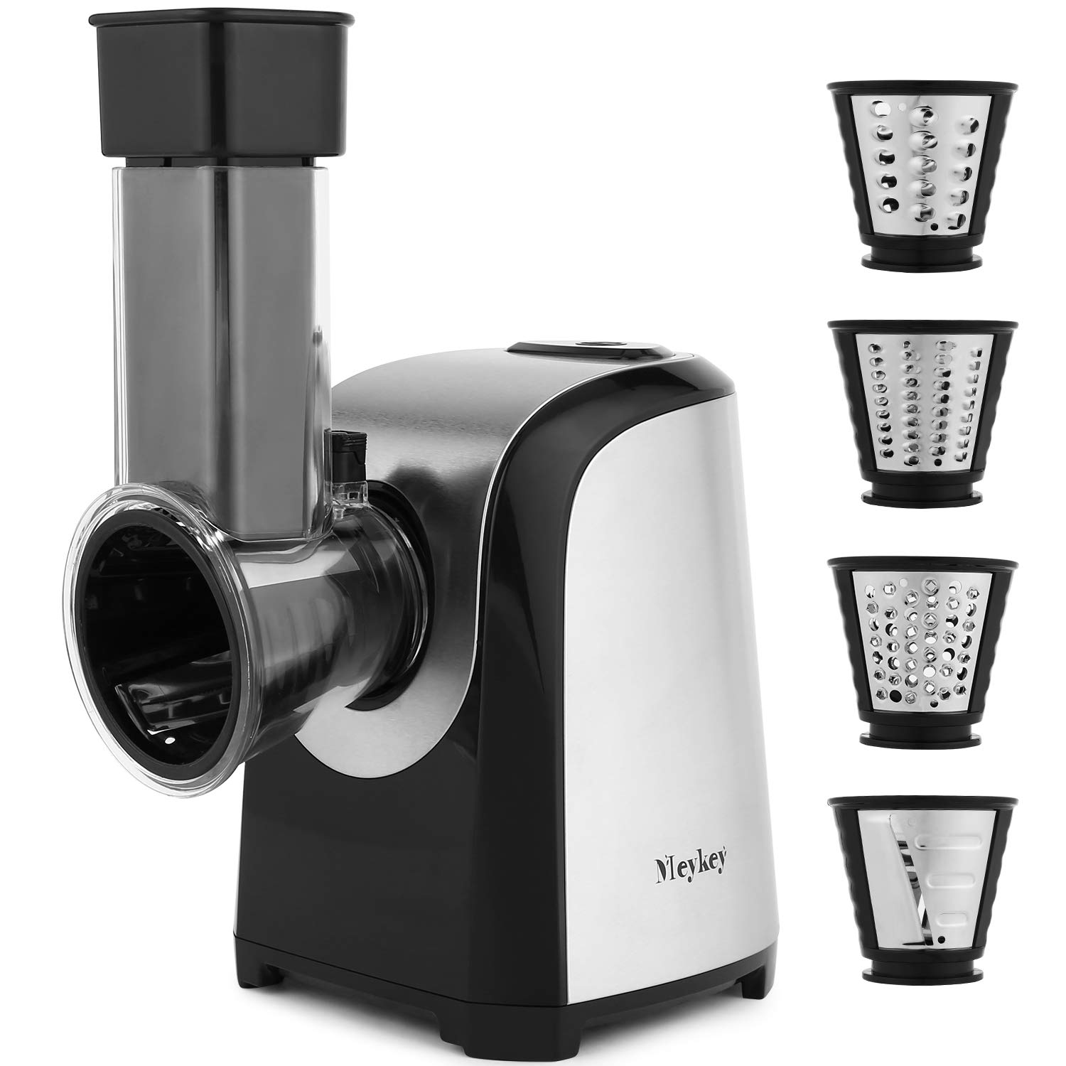 Rallador eléctrico de verduras, rallador eléctrico, multifunción, 150 W, tambores de acero inoxidable, 4 cuchillas cónicas (plata)