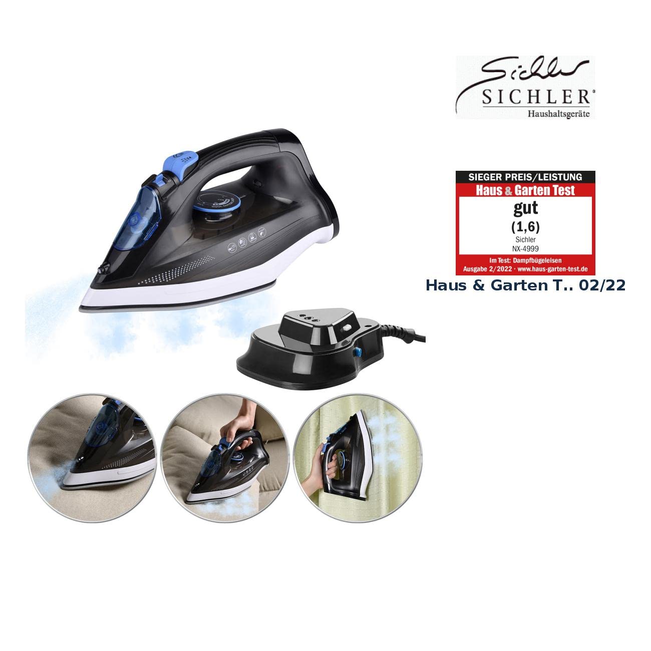 Sichler Haushaltsgeräte ferro da stiro a vapore 2 in 1 senza fili con base 2200 W nero