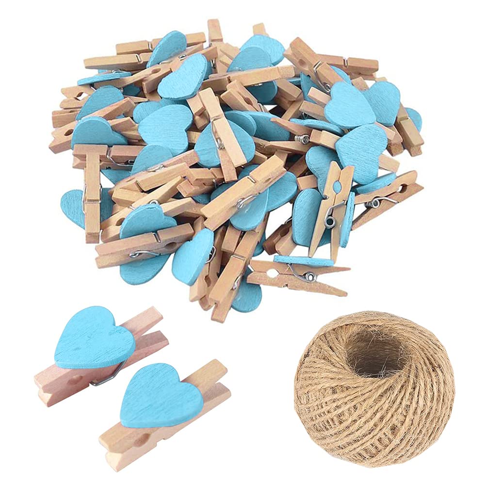 100Pcs Light Blue Mini Wooden Heart Clothespins, Multicolor Small Clothespins with Heart, 3cm Heart Photo Clips, Tiny Clothes Pins with String for Photos Display,DIY Craft,Wedding&Baby Shower Decor
