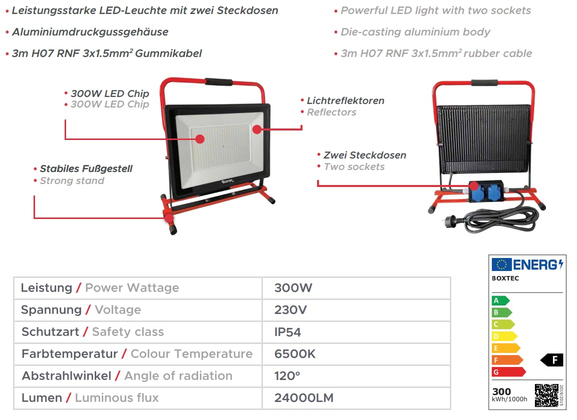 BOXTEC LED Baustrahler mit 2 STECKDOSEN, stabiles Standgestell, 3m robustes Gummikabel 6500K, IP54 Arbeitsleuchte Bauleuchte, Leistung in Watt:300 W inkl. 2 Steckdosen