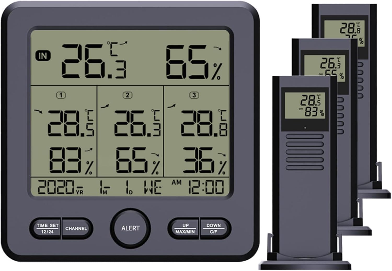 Sensore Stazione Meteo, Igrometro Esterno per Interni Display LCD Termometro Digitale con Retroilluminazione, Distanza di Trasmissione 100 M, Funzione Allarme, Display Orologio black