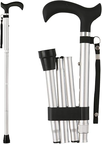 Miniatura 8 de Bastón plegable, altura ajustable de 5 niveles, ligero, portátil, plegable, bastones para caminar con correa para la muñeca y mango en T para