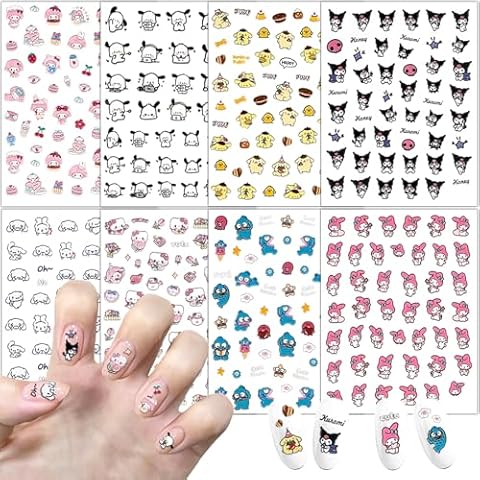 8 Pcs Cute Cartoon 5D Embossed Nail Art Stickers, Anime Kawaii Design Self-Adhesive Nail Stickers, Suitable for Ladies, Girls and Children's Nail Art Decoration Cover