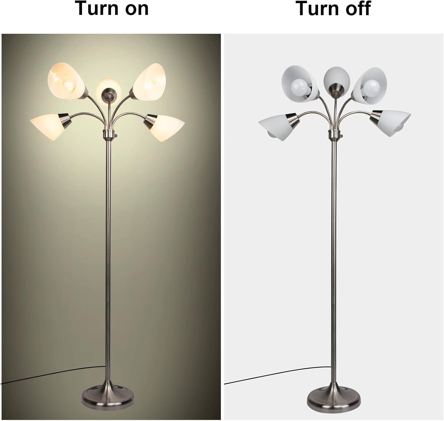 FIRVRE Multi Arm Floor Lamp Standing Lamp, Reading Floor Light with Adjustable Arms 5 Head PVC Lampshade,Sand Nickel Modern Tall Metal Lamps,Floor Lamp for Living Room, Bedroom,Dining Room