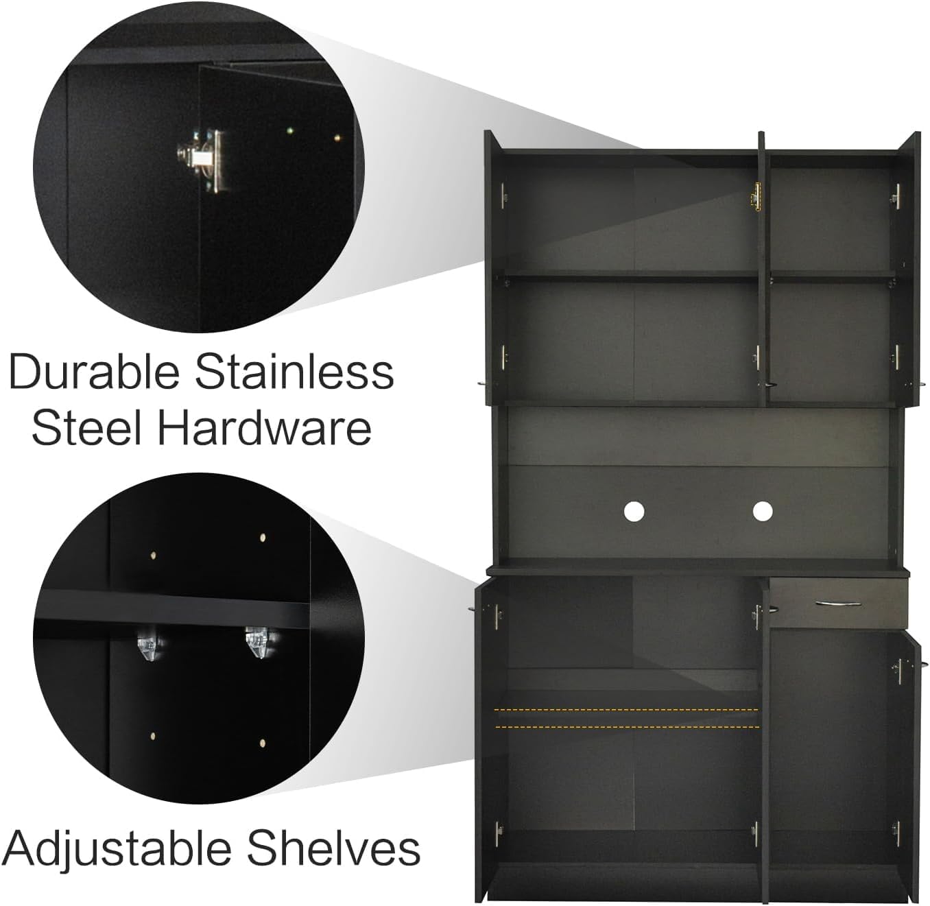 DMAITH 71" Black Kitchen Pantry Cabinets with Microwave Stand, 6 Doors & 3 Adjustable Shelves, Freestanding China Cabinet Hutch, Buffet Cabinet with Storage