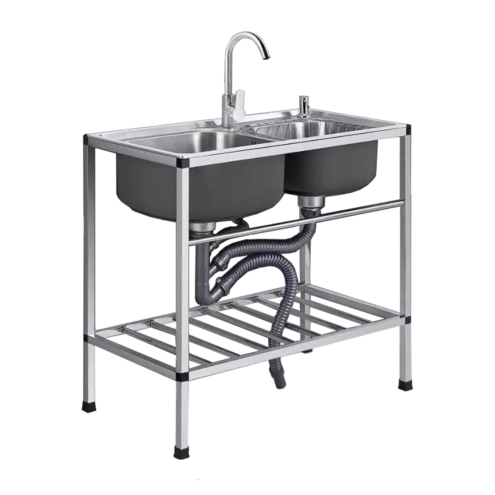 LMYSXAOZ 2 Compartment Commercial Sink, Stainless Steel Double Bowl Kitchen Sink w/Faucet & Drainboard Storage Shelves, Freestanding Utility for Laundry Room Garage