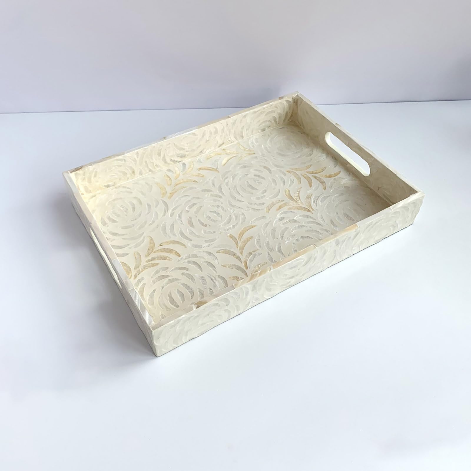 bandejas Hechas a Mano para Servir, Bandeja Decorativa con Incrustaciones de nácar, decoración de Habitaciones, Bandeja para Mesa de café, decoración para otomanas,White Roses-S