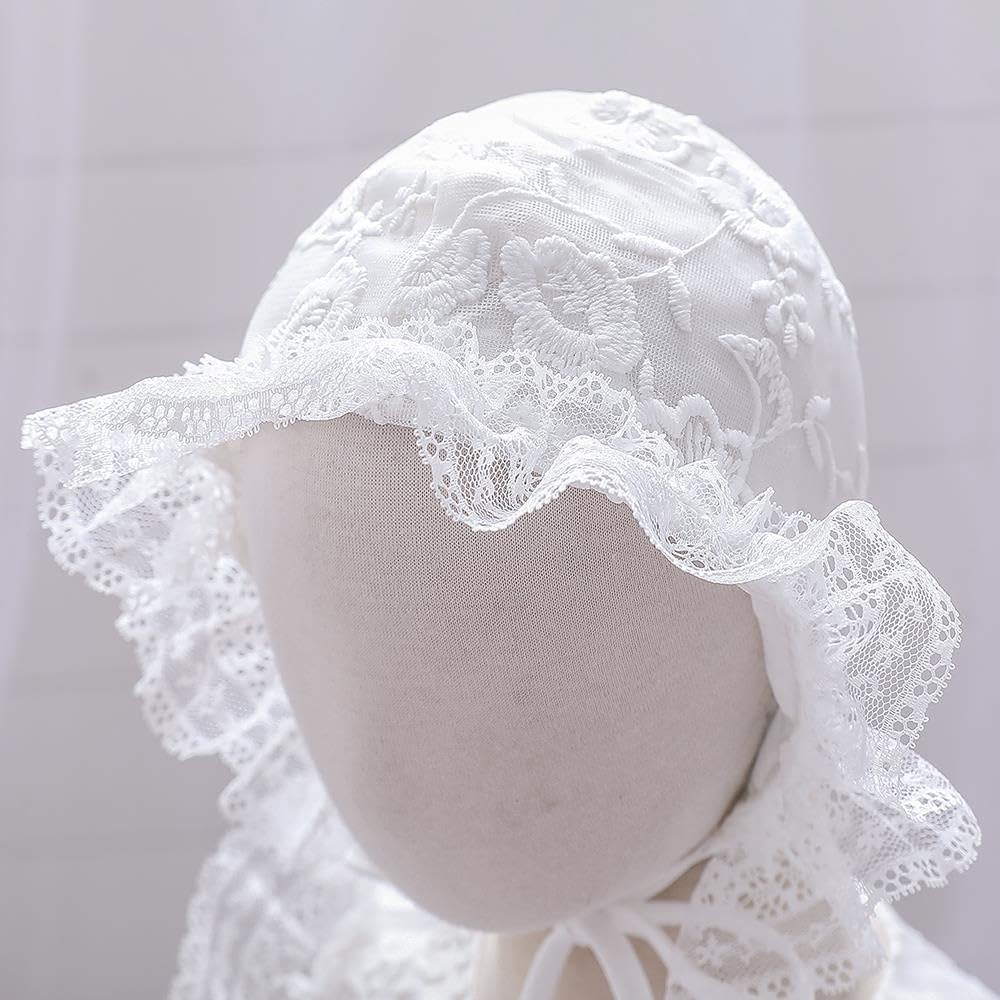 Lito Angels Robe Baptême Bébé Fille Brodée Bonnet, Blanc | Bonnet en dentelle, broderie florale, jupe 3 couches, volants en dentelle