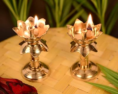 Collectible India Set of 2 Brass Diya for Puja Temple Decoration, Diya for Diwali - Lotus Shape Pillar Diya Stand Oil La