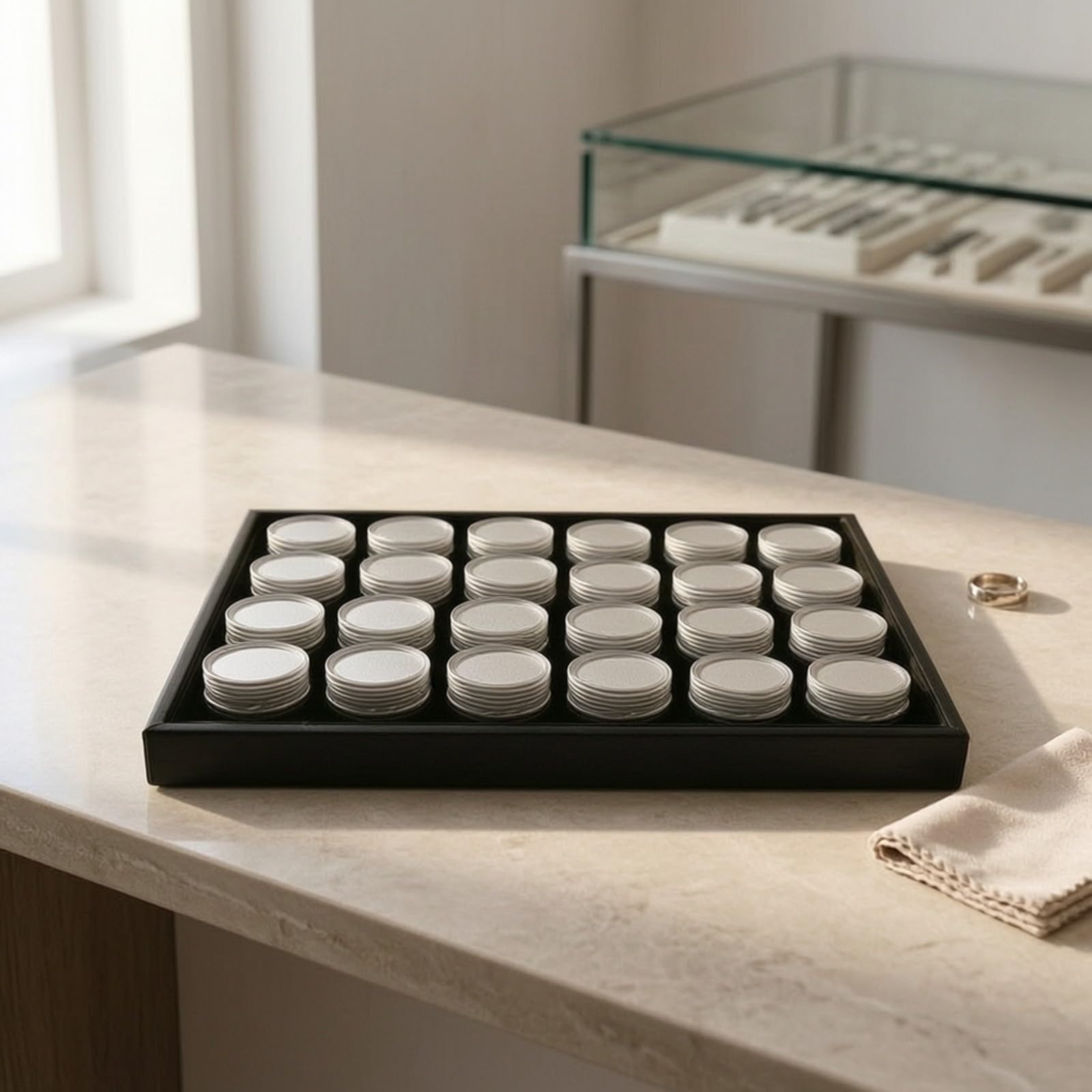 Plateau Présentoir Bijoux Acrylique 24 Pots Ronds Transparents pour Perles Pierres Précieuses Organisateur Rangement Couvercles pour Comptoir Artisanal Décoration, Style to 2