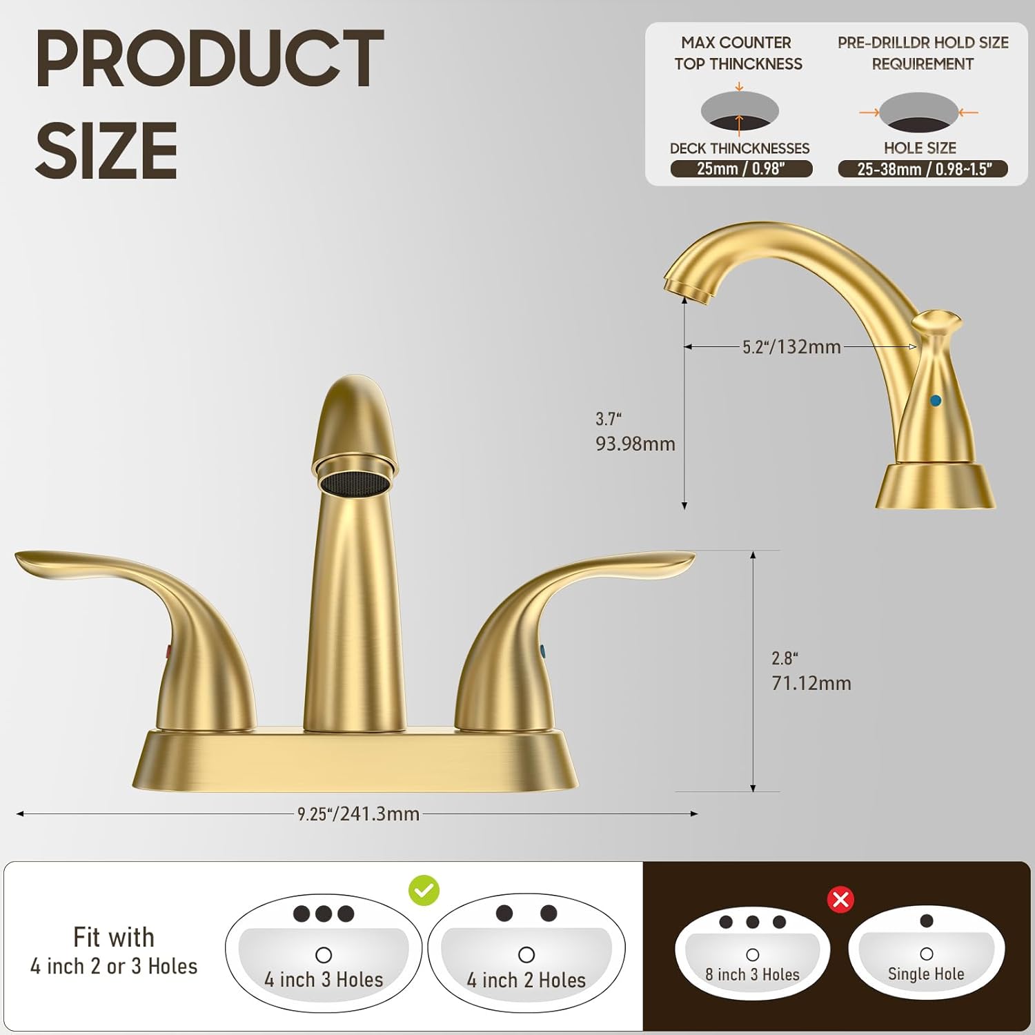 Phiestina Brushed Gold 4 Inch Centerset 2 or 3 Holes 2 Handle Bathroom Faucet, Bathroom Faucet with Copper Pop Up Drain and Water Supply Lines, BF008-5-BG