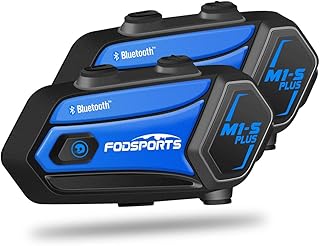 FODSPORTS M1-S Plus Motorcycle Bluetooth Headset with Music Sharing, One-Click Pairing, Microphone Mute, FM, Helmet Intercom up to 8 Riders with Noise Cancellation, Wonderful Sound, Blue, 2 Pack