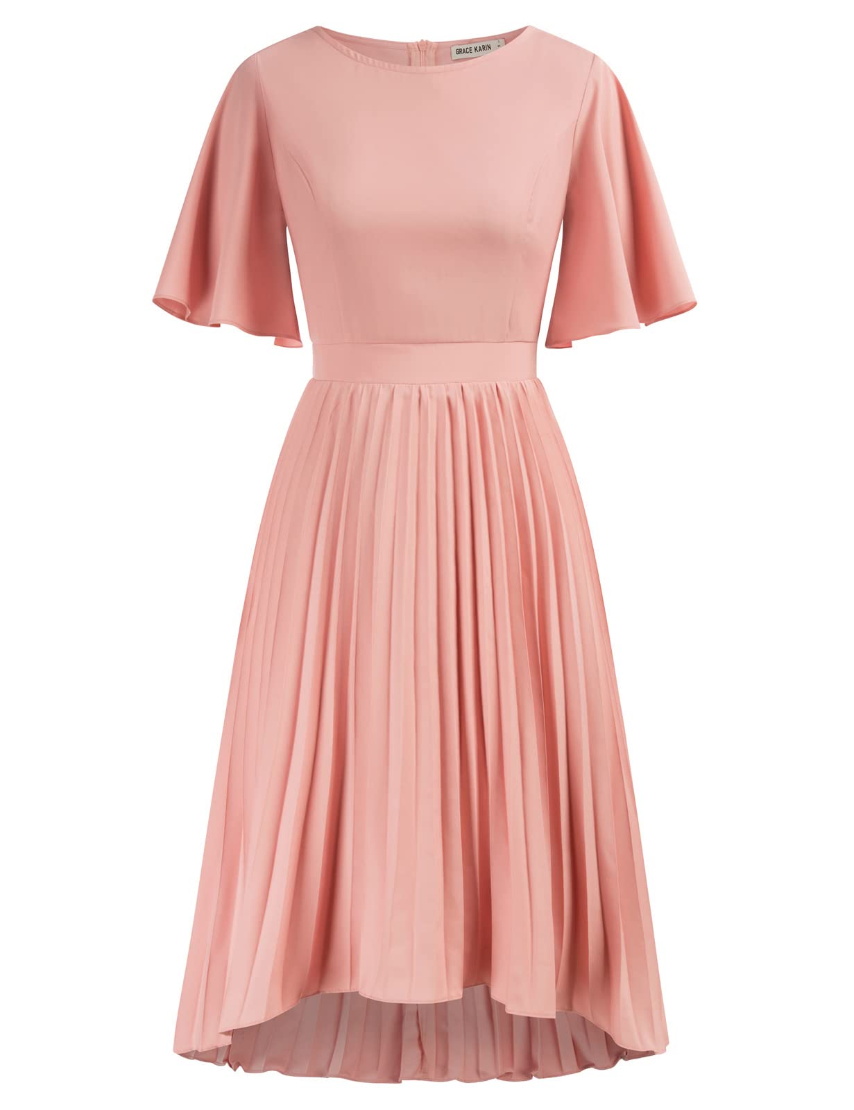 GRACE KARIN High-Low Pleated Cocktail Party Swing Dress Flared Short Sleve Wedding Dresses
