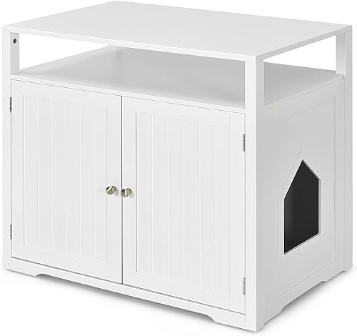 Tangkula Caja de arena para gatos, baño oculto para gatos con divisor interior ajustable, mesa auxiliar decorativa de madera para interiores con