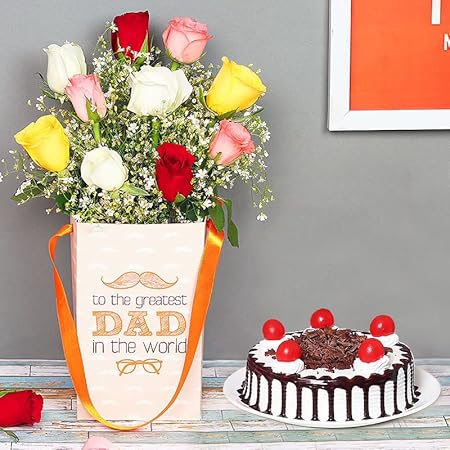 FlowerAura Decrative Bunch Of Fresh Live 10 Mix Roses Flowers Bouquet In Printed Box With Delicious Fresh 500 Gram Black Forest Cake Gift's For Father's Day & Dad's Birthday (Same Day Delivery)