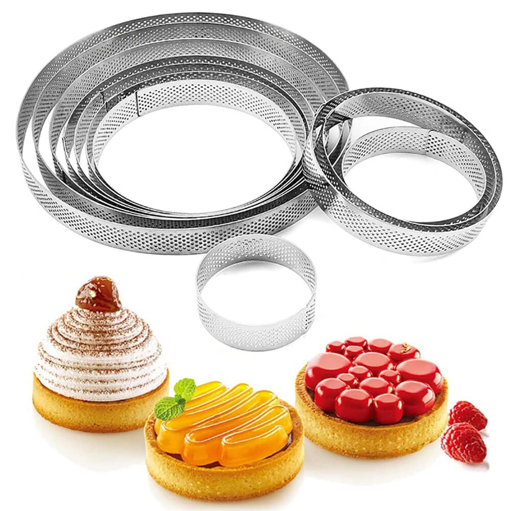 Surakey Lot de 11 anneaux à tarte perforés en acier inoxydable antiadhésifs pour pâtisserie, dessert français, fruits, tarte, croûte, tarte (rond)