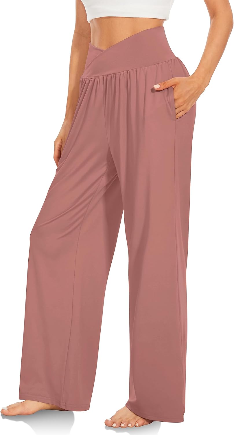 TARSE Women's Wide Leg Casual Loose Pants Yoga Sweatpants Comfy Crossover High Waisted Lounge Pajama Flowy Pants with Pockets - Image 2
