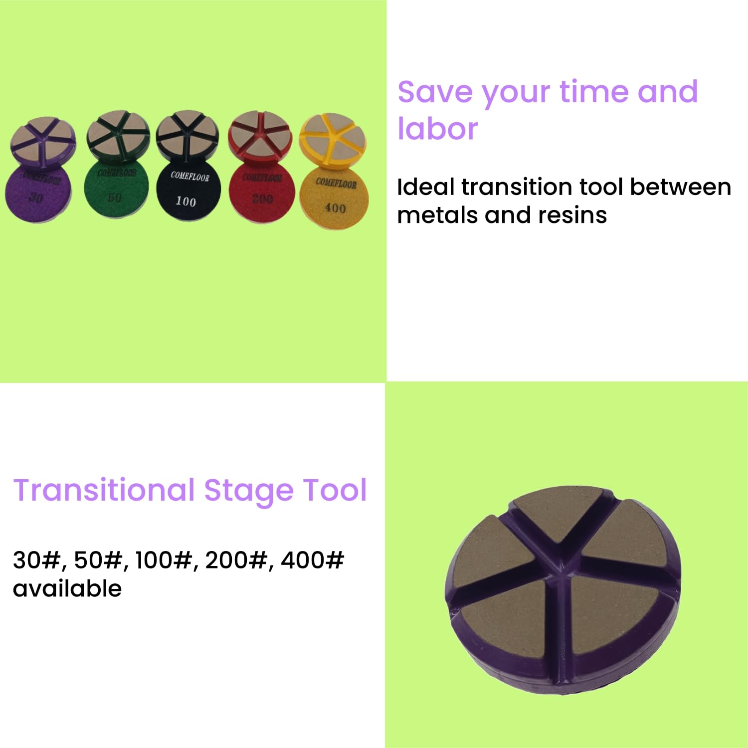 Hybrid Ceramic Transitional Diamond Polishing Pucks for Concrete Terrazzo Floor, 3 Inch Hook and Loop Aggressive Floor Grinding Discs, 30# 3PCS