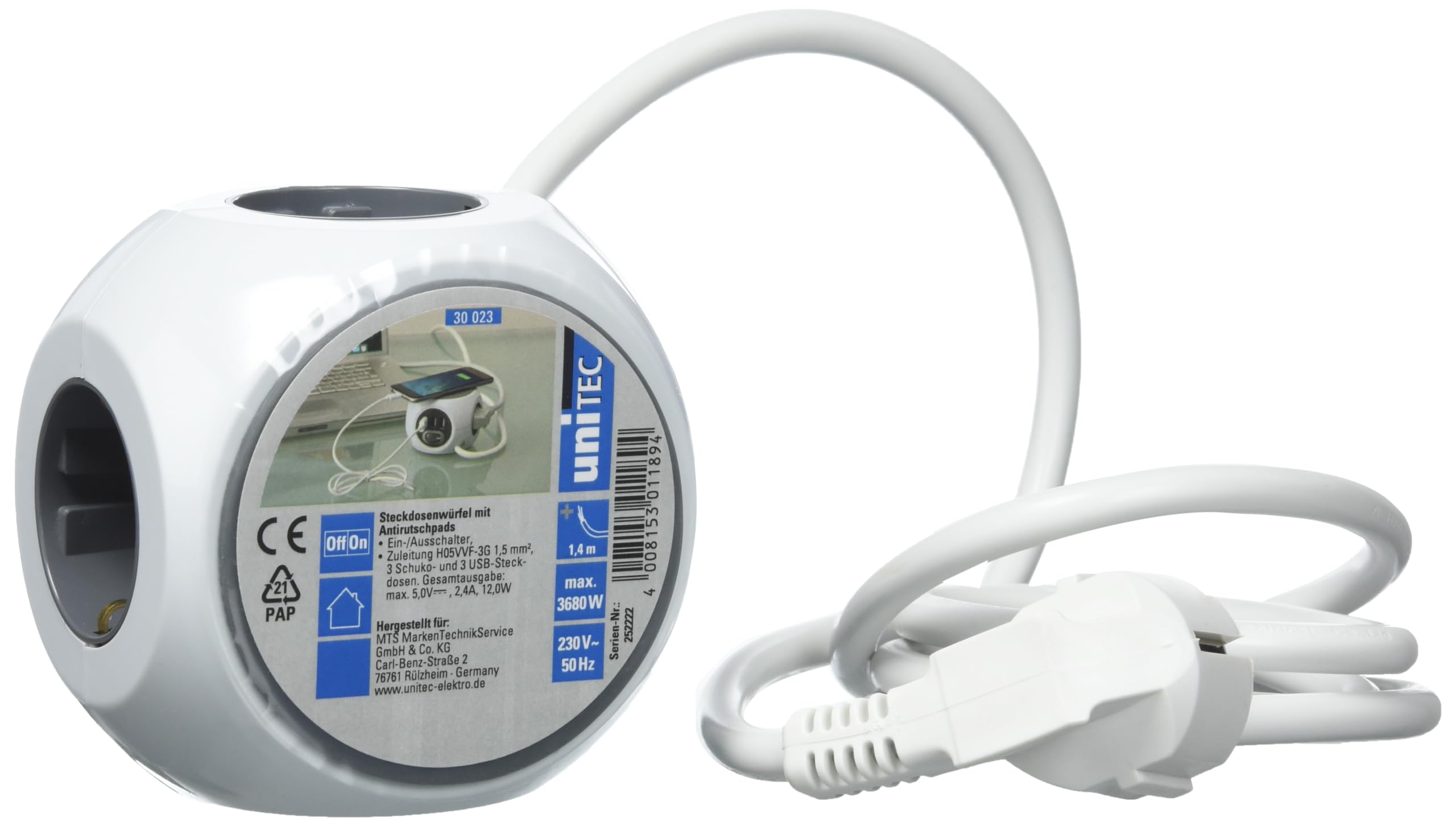 UNITEC Multipresa | 3 prese Schuko | 3 porte USB | Ciabatta elettrica a forma di cubo | Ideale per scrivania | Rivestimento antiscivolo | Bianco