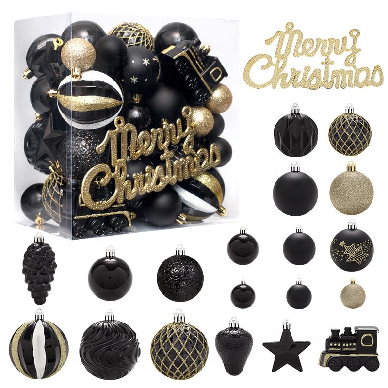 Christmas Balls 65pcs, Christmas Tree Decoration Set, Christmas Ornaments Set for Xmas Tree Holiday Party Garland Decor - Black