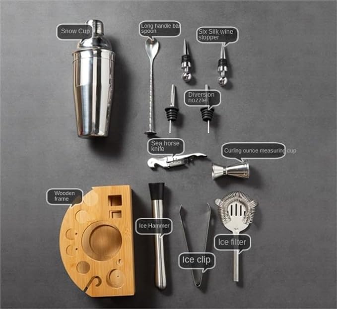 Set de Coctelera de Acero Inoxidable con Estante de Bambú 12 Piezas miniatura 3