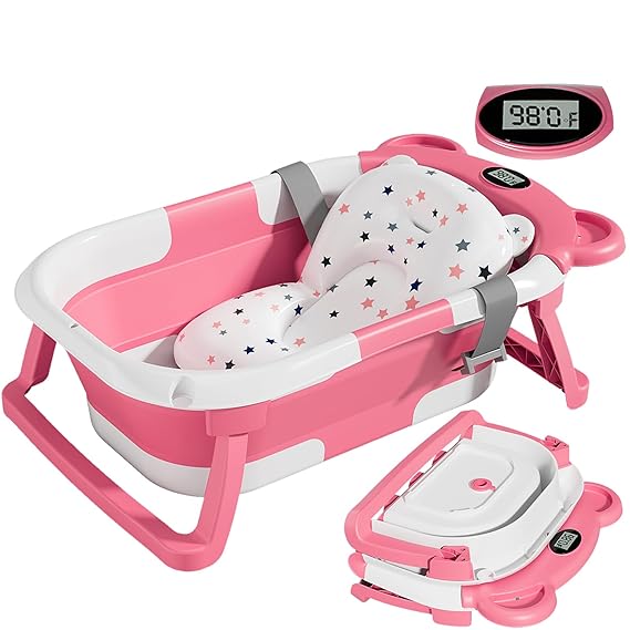 TPN Collapsible Baby Bathtub for Infants to Toddler with Real-time Temp Monitor+Floating Cushion,Foldable Baby Bath Tub Set Applicable 0-36 Month,Perfect Portable Travel Baby Tub for Newborns Girl