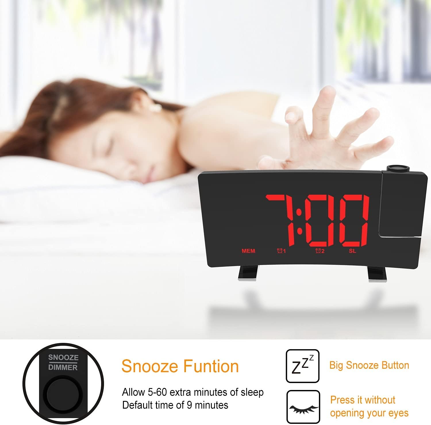Projection Alarm Clocks for Bedrooms with Radio, 8” Curved Screen LED Digital Clock Large Display, USB Charging Port, Auto Dimmer, Snooze, Dual Alarm Clock for Heavy Sleepers ( Color : Red Text )