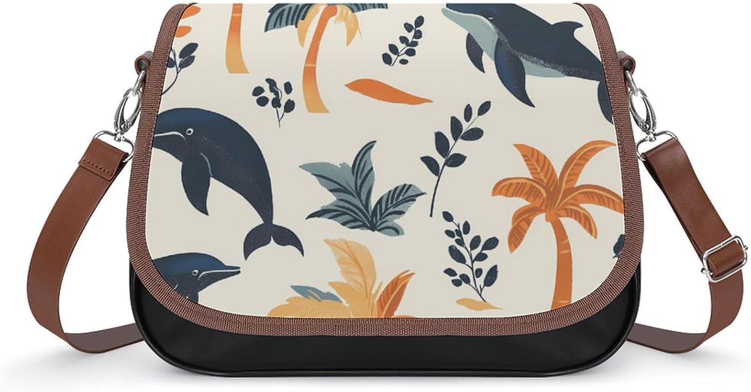 Palms Whales Trees Dolphins Women Crossbody Purse Leather Messenger Bag Handbags Shoulder Strap Bags