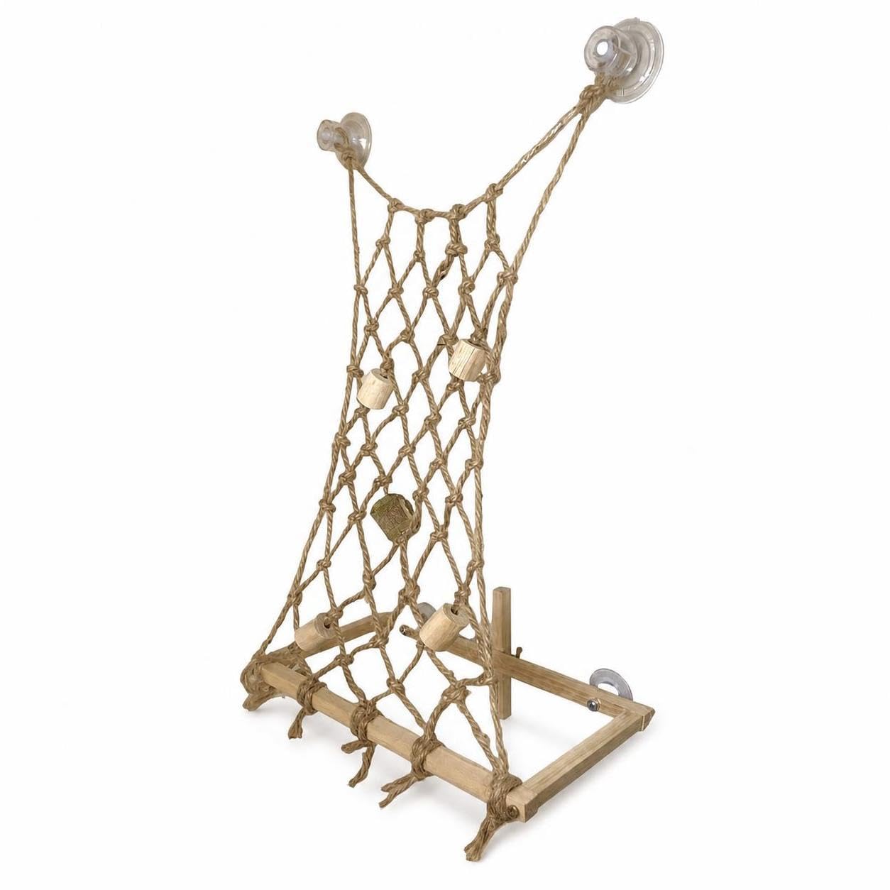 FashionCha Bird Perch and Bird Toy with Suction Cups for Window or Cage, Suction Cup Perch with Rope Net and Wooden Frame, C101