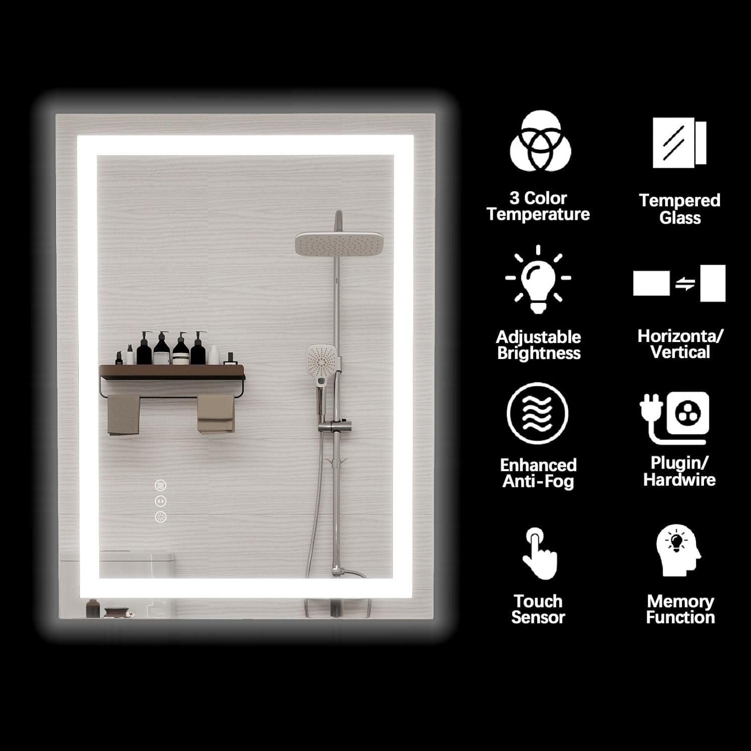 24" x 36" LED Bathroom Mirror - Dimmable Wall-Mounted Mirror with Front & Backlight, Anti-Fog, Shatter-Proof, Memory Function, 3 Color Temperatures, Touch Control