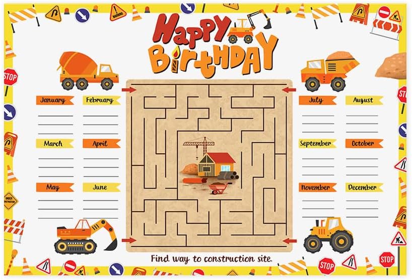 WIRESTER Reusable Waterproof Birthday Poster Calendar Bulletin Board Decoration, Happy Birthday Chart 16.5x11 Inch for Office, Classroom, Wall, Chalkboard, Whiteboard - Construction Maze