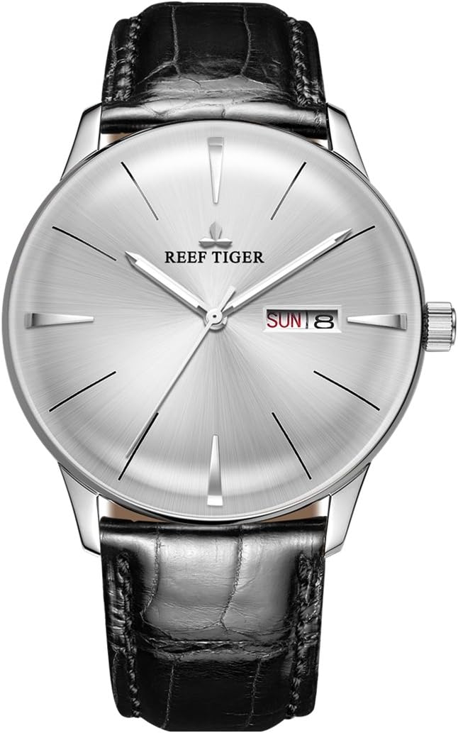 REEF TIGER Classic Mens Watches Convex Lens Steel Genuine Leather Strap Automatic Watches RGA8238