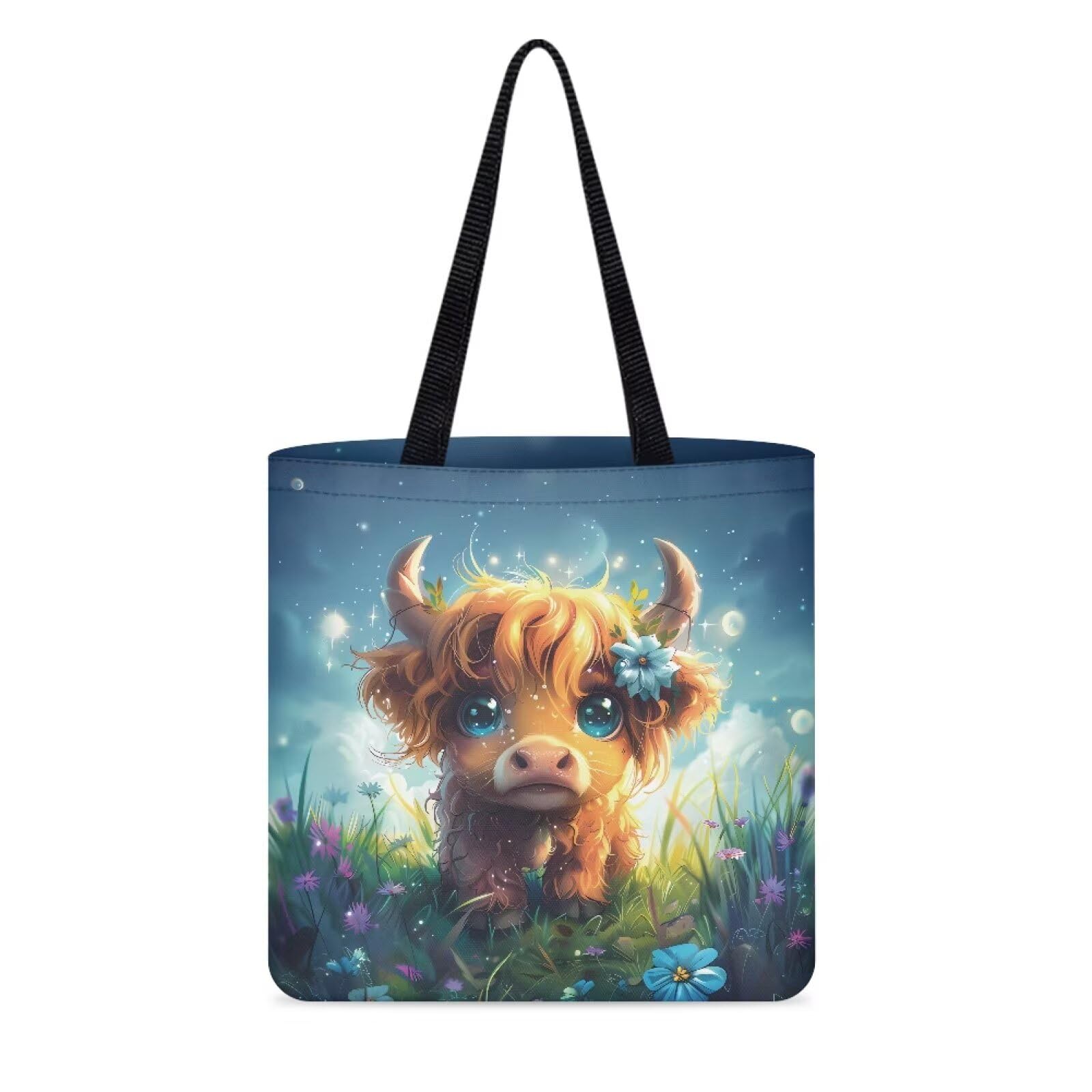 Wanyint Cute Highland Cow Canvas Tote Bag for Women Girls, Animal Pattern Reusable Large Capacity Beach Bag with Inner Pocket for Wedding Birthday Holiday Travel