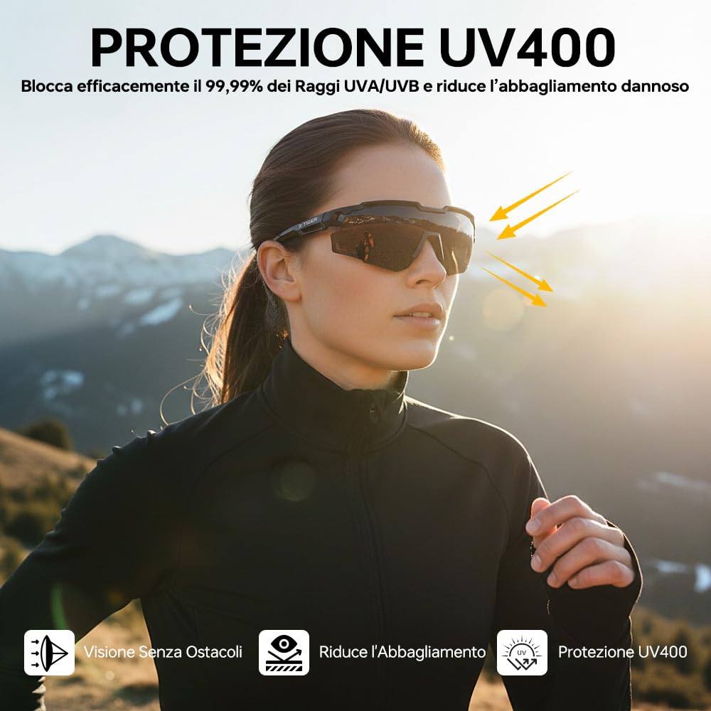 X-TIGER Occhiali da Ciclismo per Uomo e Donna, Montatura TR90 Ultraleggera, Occhiali Sportivi Polarizzati con Protezione UV400, Nasello e Ganci Auricolari Regolabili, Ideali per Corsa/Pesca