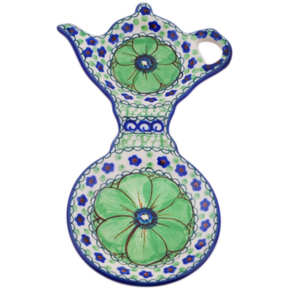 Authentic Polish Pottery Tea Bag or Lemon Plate Signature UNIKAT in Green Pansies Design Handmade in Boles?awiec Poland by Ceramika Artystyczna + Certificate of Authenticity