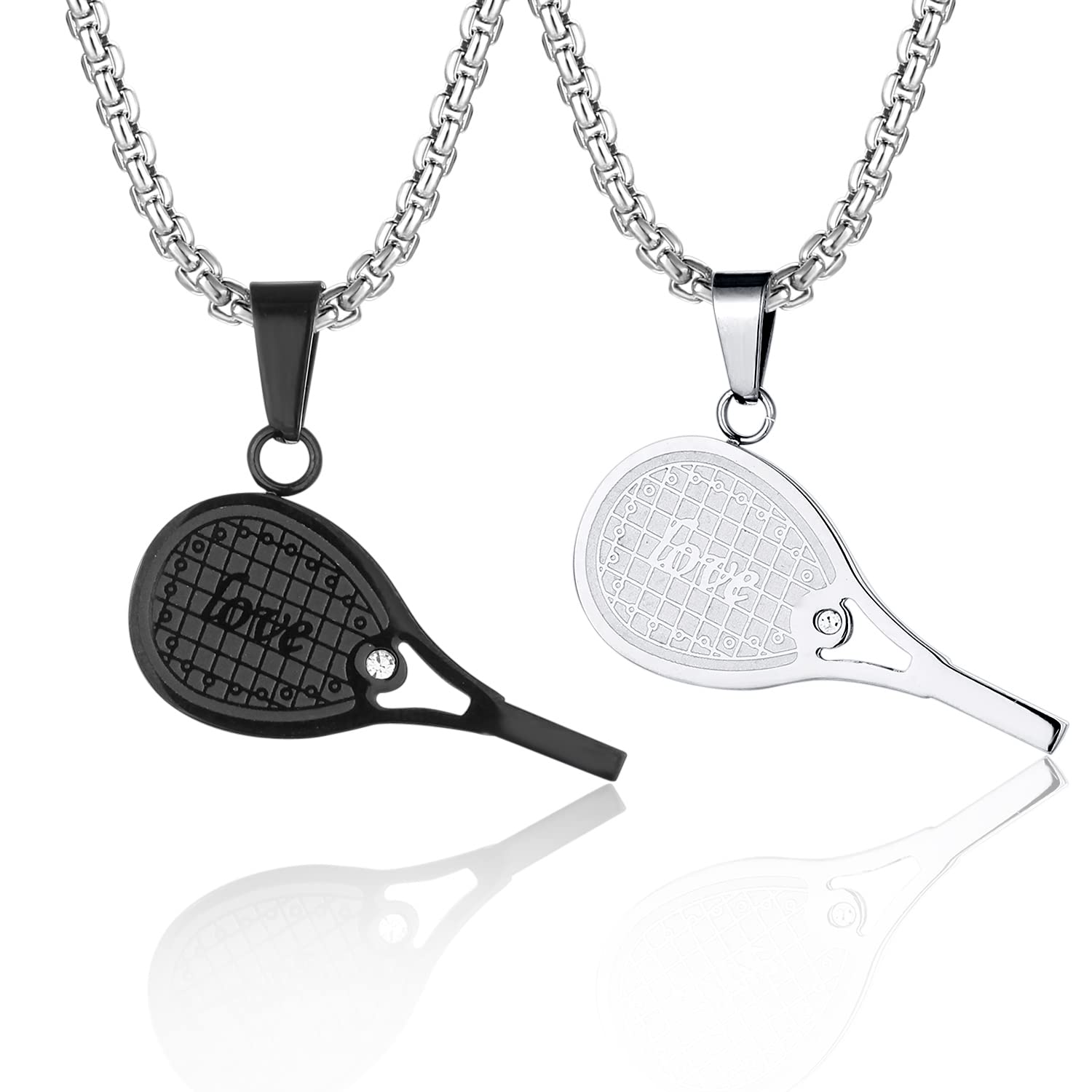 BIYONGDE 2PCS Tennis Racket Pendant Cubic Zirconia, 24 in Chain Necklace for Couples Friends, Steel Mens Womens
