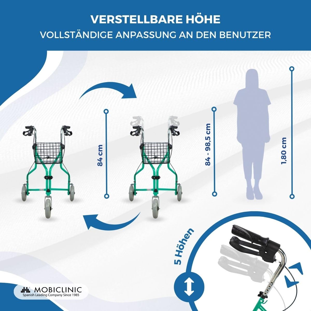 Mobiclinic®, Rollator mit 3 Rädern, Faltbar, Höhenverstellbare, mit Korb, Tasche und Handbremsen, Leicht, Gehhilfe für Senioren, Grün, Caleta