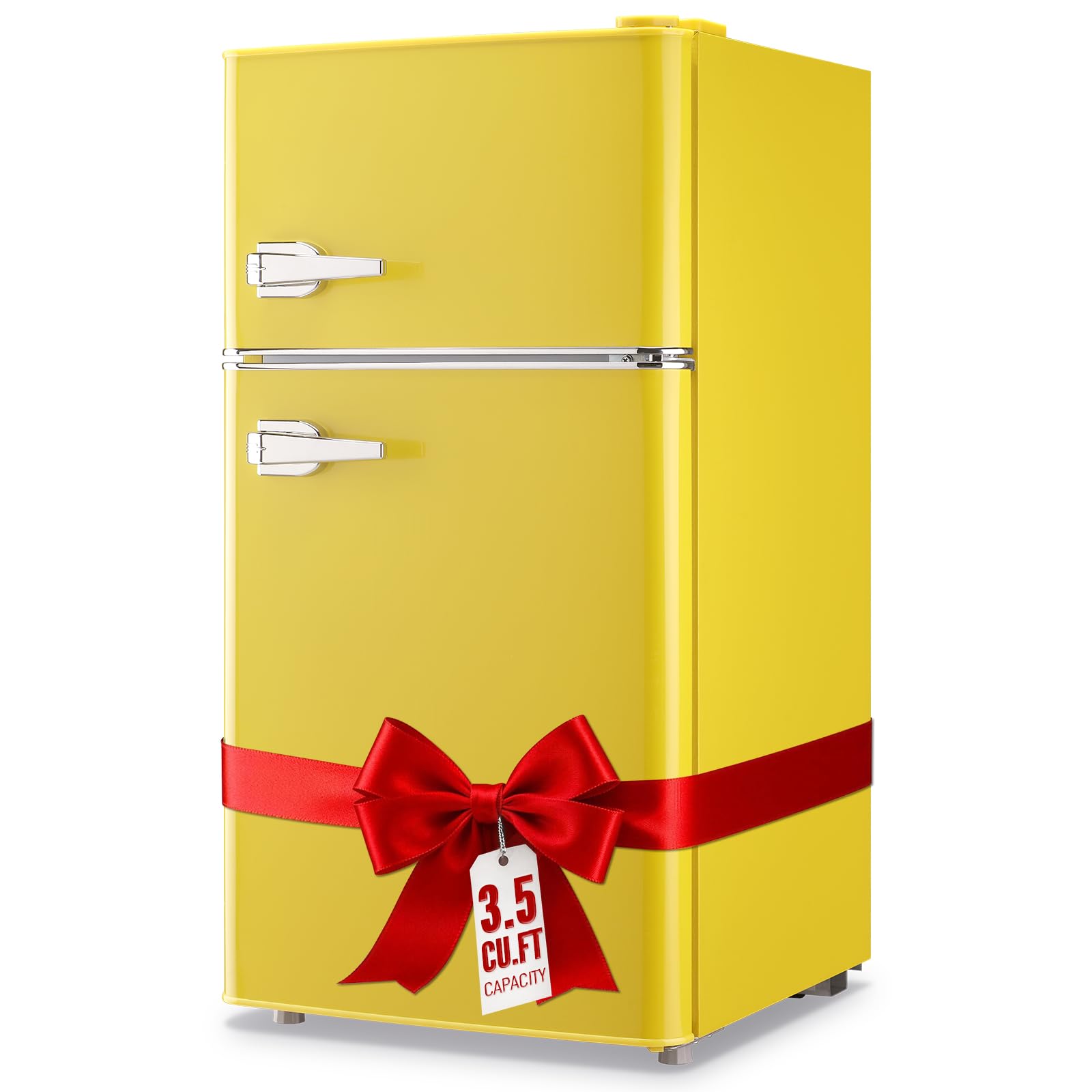 WANAI 2 Door 2 Handle Mini Refrigerator with Freezer-on-top, Spacious 3.5 Cubic Feet Capacity Small Fridge with 7-Level Adjustable Thermostat & 2 Removable Shelves Yellow on Fridge.com
