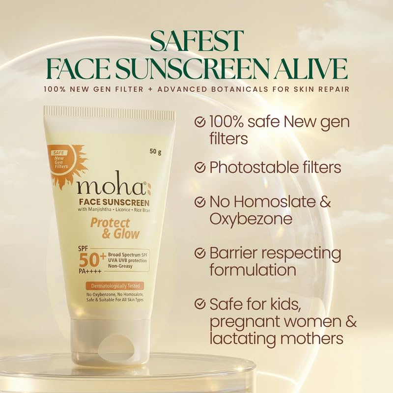 Image of Moha Face Sunscreen SPF 50+ PA++++ Pack Of 1, 50 g Photostable New-Gen UV Filters with Photoageing Repair Benefits | pH Balanced | Lightweight Sunscreen Lotion | Non-Comedogenic | For Sensitive Skin.
