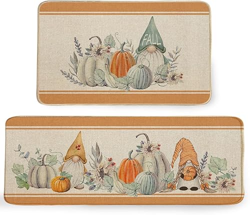 Miniatura 1 de GEEORY GK069 - Juego de 2 tapetes de cocina de otoño, diseño de calabazas, gnomos, rayas, decoración de fiestas de temporada, 17 x 29 y 17 x 47