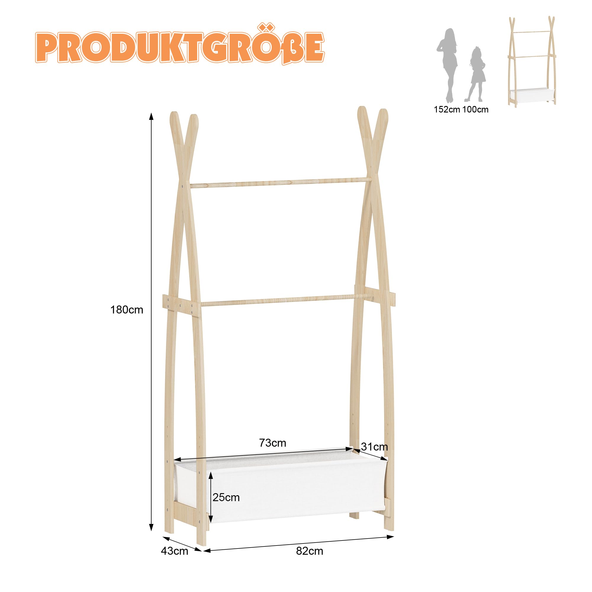 KEEPREAPER Kinder Kleiderständer Holz, Garderobenständer mit Aufbewahrungskiste und Kleiderstange, Kindergarderobe für Kinderzimmer, Mädchen (82 x 43 x 180cm)