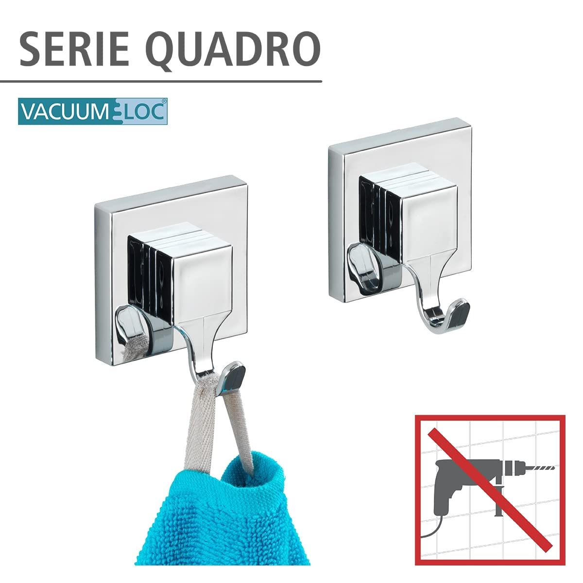 WENKO Vacuum-Loc® Wandhaken Quadro, 2er Set, Handtuchhaken für Badezimmer und Küche, Vakuum-Befestigung – ohne Bohren, Handtuchhalter aus Kunststoff, Maße je Haken: 6 x 7 x 5 cm