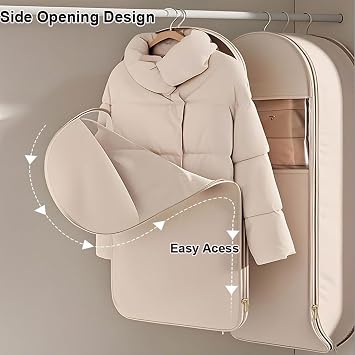 Space Saving Hanging Garment Bag with Self Compression Zipper,Space Saver Closet Organizers,Dust Cover Clothes Bags for Down Coat (Beige, 3Pcs (S+M+L))