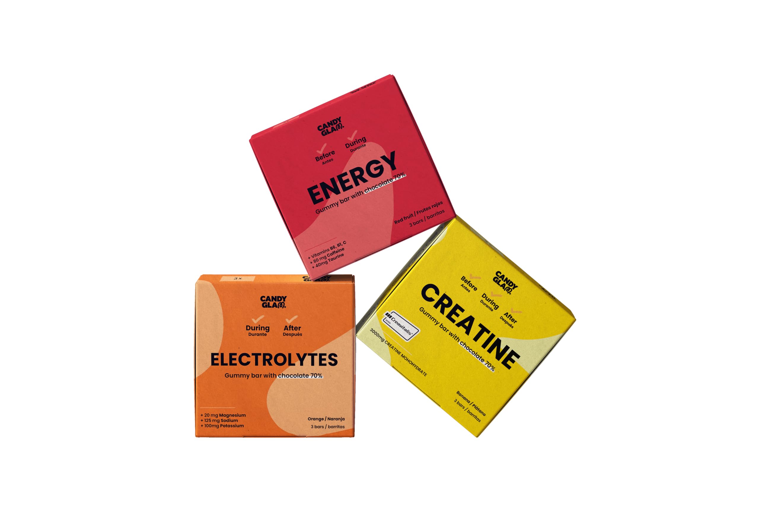Candy Glam – Pack Mixte de 24 Barres Gélifiées – 12 Barres Énergétiques Fruits Rouges (Caféine, Taurine & Vitamines) + 12 Barres aux Électrolytes Orange & Chocolat Noir 70% – Snack Sportif pour l'Éne
