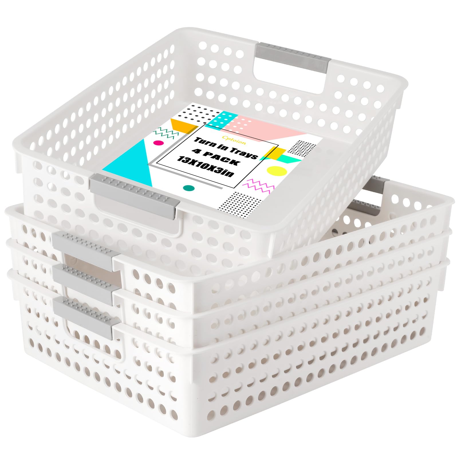 Cptoion Turn in Trays Classroom,4 Pack Paper Trays for Classroom,Plastic Storage Baskets with Handles,Colorful Classroom Organization and Storage Paper Tray Holds for Drawers, Office, Home(White)