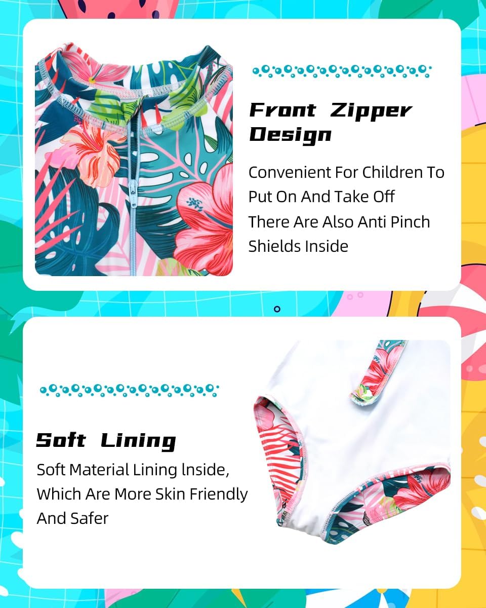 Kids Girls Rash Guard Long Sleeve One Piece Swimsuits Zipper Bathing Suits UPF 50+ Tropical Plant Flowers Ages 3-12 - Image 4
