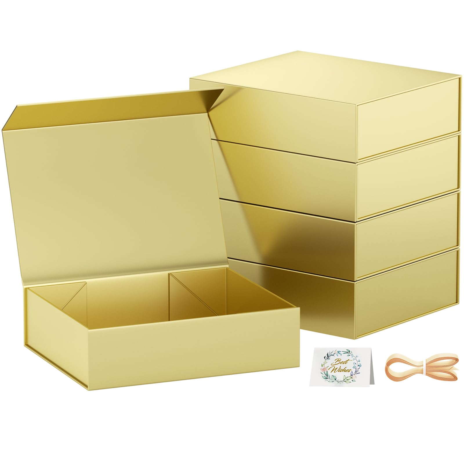 5 Pack Gift Boxes, 30 x 20 x 7.6 cm Gift Boxes for Presents with Lids Magnetic Closure Rectangle Collapsible for Groomsman Proposal Box, Wedding, Christmas, Halloween, Birthday Gift (Gold)