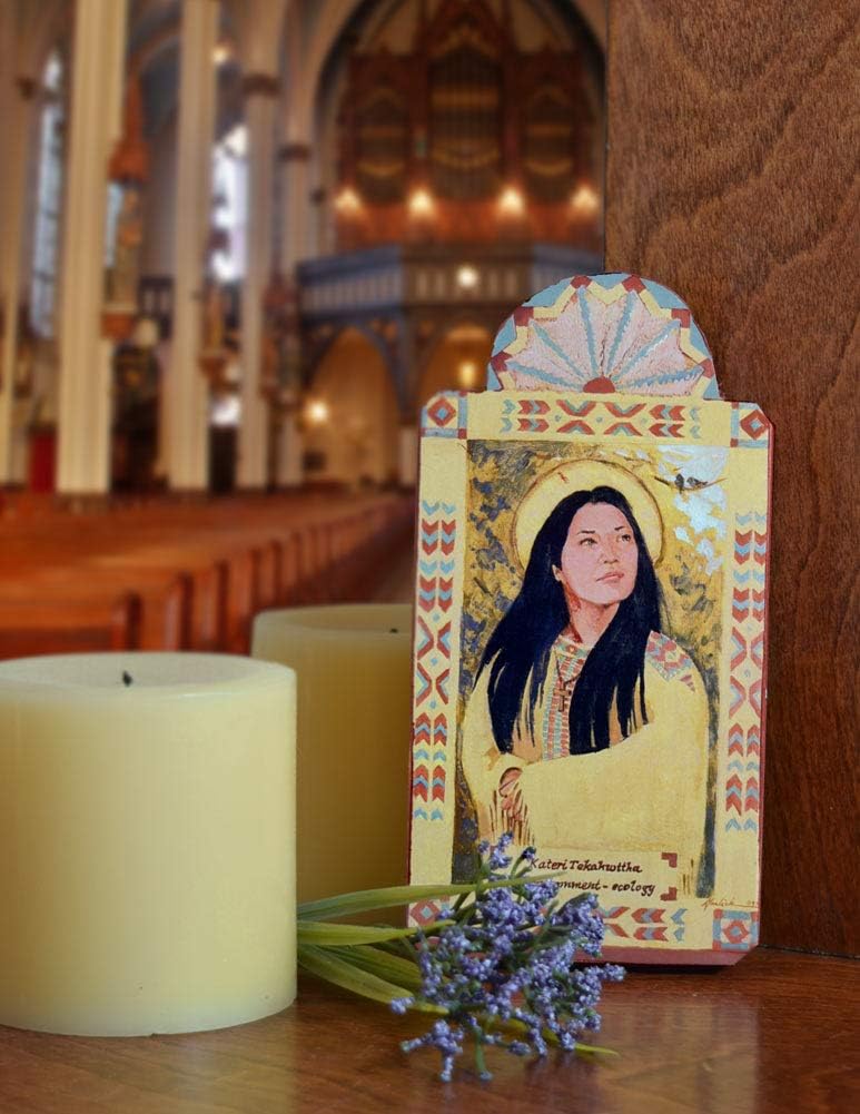 Modern Artisans Saint Kateri Tekakwitha Patron Saint of Ecology and Environment Handmade Retablo Plaque, 3.3 x 6.5 Inches